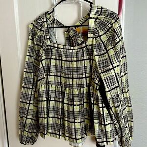 Top Shop Peplun Style Blouse. Black/cream/green plaid. LS, open tie back. Sz 6